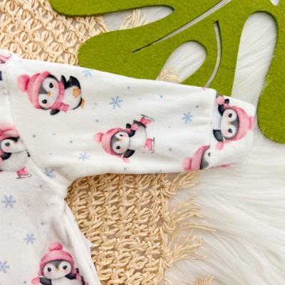  Macacão em Plush Pinguim Baby com Gorrinho Rosa - Off White